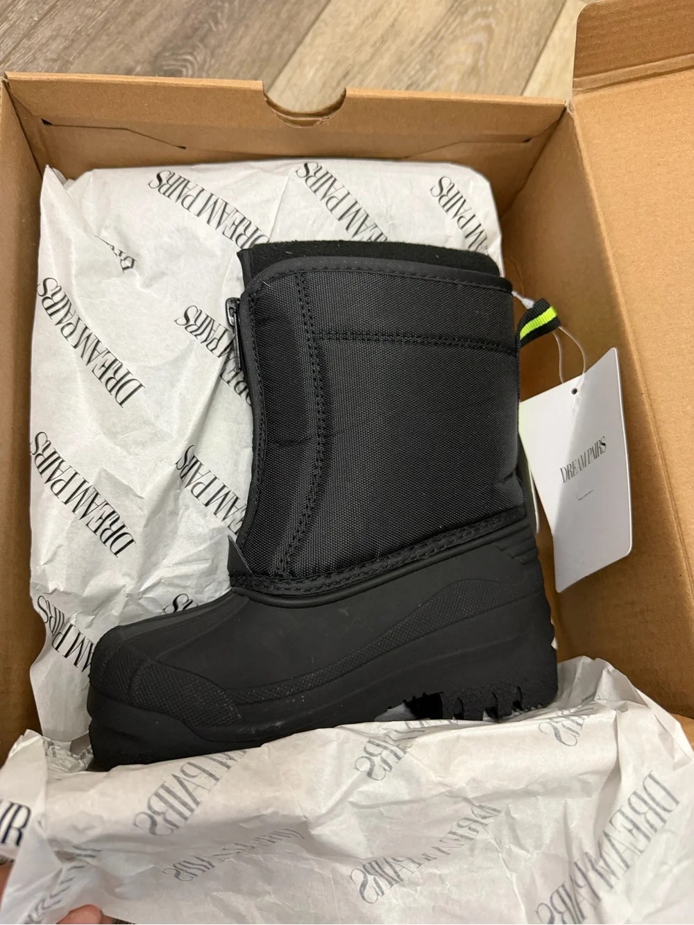Dream Pairs Kids Black Snow Boots with Neon Lime Logo